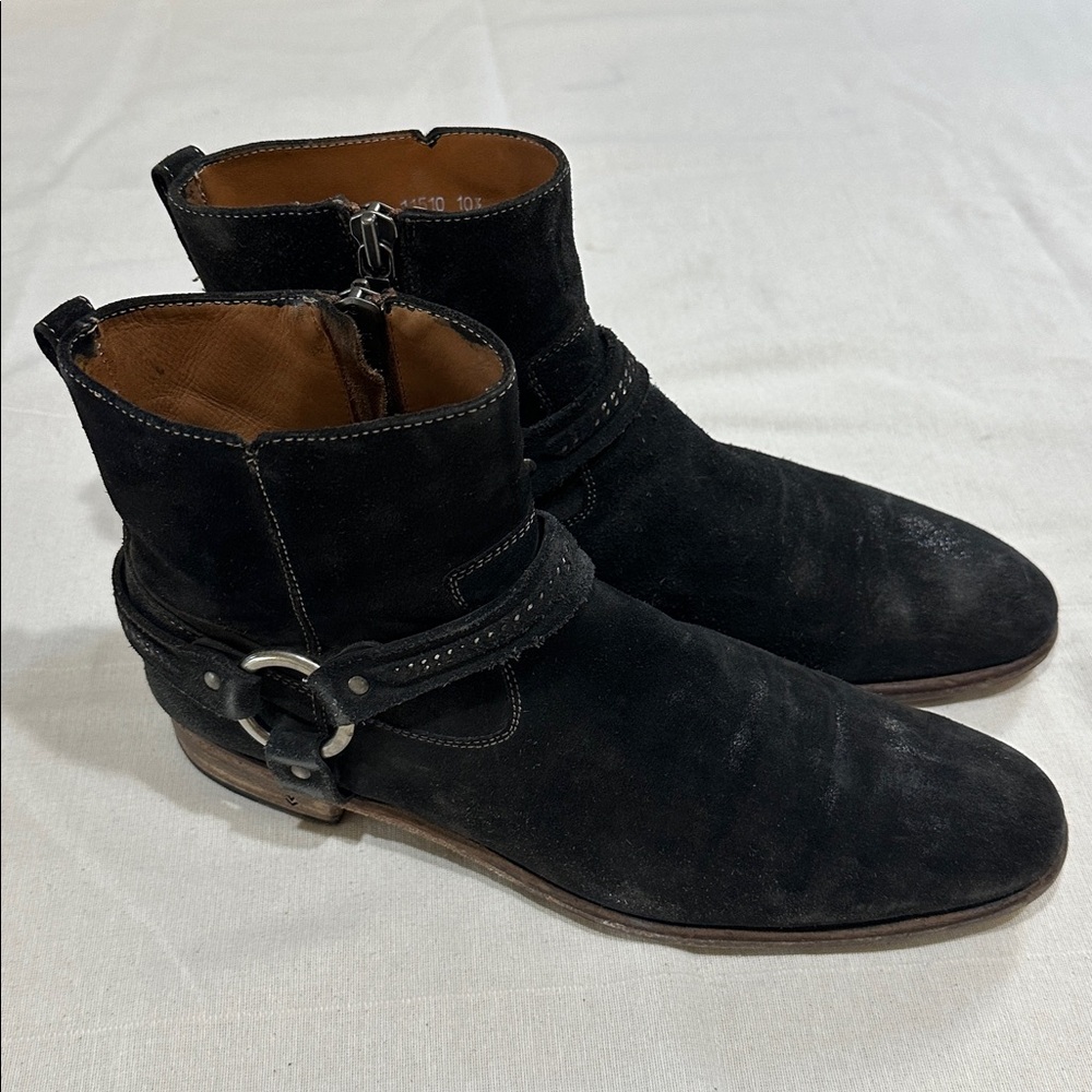 John Varvatos burnished black Eldridge harness boots